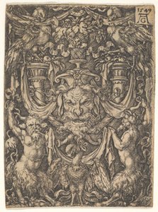 Ornamental design med en maske og en ørn mellem to fauner nedenfor, 1549. af Heinrich Aldegrever