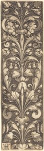 Kvist af dekorativt løv med to masker og to delfiner, 1530. af Heinrich Aldegrever