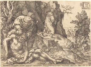 Den barmhjertige samaritaner tjener den rejsende, 1554. af Heinrich Aldegrever