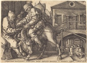 Den barmhjertige samaritaner, der betaler for den rejsendes logi af Heinrich Aldegrever