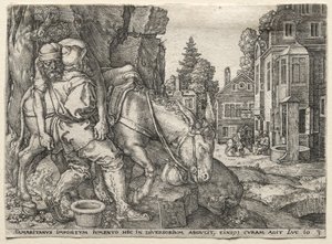 Lignelsen om den barmhjertige samaritaner: Den barmhjertige samaritaner sætter den rejsende på sit æsel, 1554. af Heinrich Aldegrever