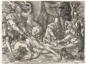 Lignelsen om den barmhjertige samaritaner: Røverne angreb de rejsende, 1554. af Heinrich Aldegrever