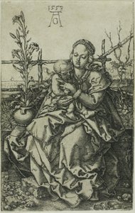 Jomfruen og barnet sidder på en græsklædt bred af Heinrich Aldegrever