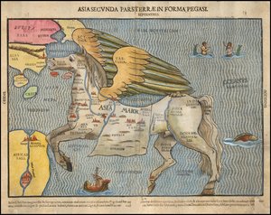 Ca. Billedkort fra 1581 af Heinrich Bünting, der viser Asien som Pegasus
