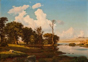 Danish: Dansk landskab, egetræer ved en sø. Danish Landscape, Oak Trees by a Lake.