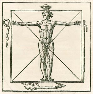 Mand på en firkant omgivet af symboler på øjet, slange, syv sektionsstav og skjold. Indgravering fra Heinrich Cornelius Agrippa von Nettesheim (1486-1535) De occulta philosophia libri tres (Three B af Heinrich Cornelius Agrippa von Nettesheim