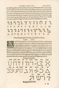 Thebansk alfabet (honorisk alfabet eller Honorius runer) og himmelalfabet (Scriptura Malachim eller engleskrift) Indgravering fra Heinrich Cornelius Agrippa von Nettesheim (1486-1535) De occul af Heinrich Cornelius Agrippa von Nettesheim