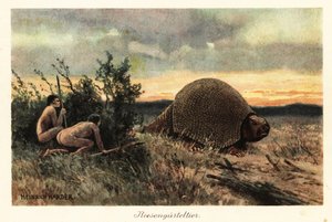 Primitive mænd med spyd på jagt efter en glyptodon.