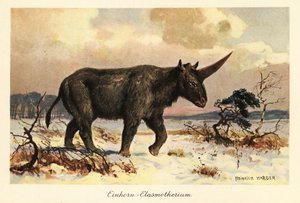 Sibirisk enhjørning, Elasmotherium sibiricum, på en sneklædt slette.