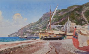 Amalfi, fiskerbåde på stranden / akvarel af H.Hermanns af Heinrich Hermanns