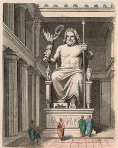 Antikkens Grækenland: Zeus-statue i templet ved Olympia - Skulptur af Phidias, ca. 440/30 f.Kr. et af verdens syv vidundere
