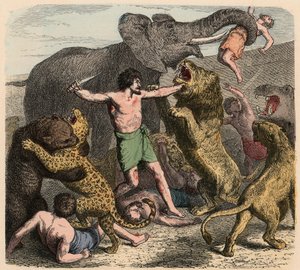 Antikkens Rom: Kriminelle bliver angrebet af vilde dyr, 1866 af Heinrich Leutemann