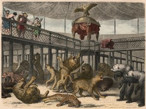 Det antikke Rom: Nedskæring af vilde dyr i amfiteatret af kejseren, 1866 af Heinrich Leutemann