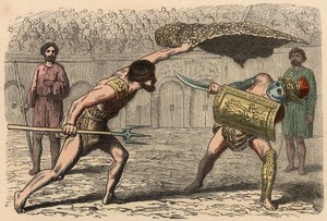 Det antikke Rom: Gladiatorkampe i amfiteater af Heinrich Leutemann