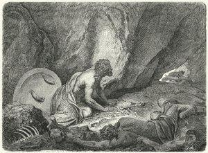 Aristomenes flygter fra brønden, hvori han var blevet kastet af spartanerne (gravering) af Heinrich Leutemann