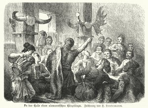 Fest i en germansk høvdings sal (gravering) af Heinrich Leutemann