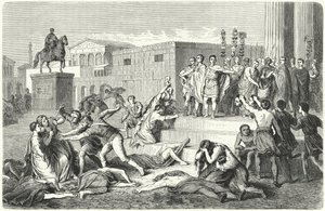 Triumviratet af Mark Antony, Marcus Aemilius Lepidus og Octavian proklamerer forbud mod deres politiske fjender, 43 f.Kr. af Heinrich Leutemann