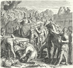 Begravelsen af Alarik I, vestgoternes konge, i lejet af floden Busento, 410 (gravering) af Heinrich Leutemann
