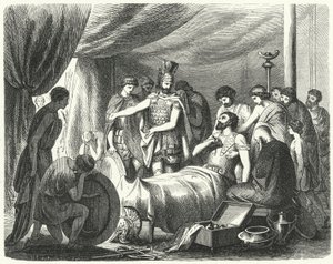 Epaminondas død, 362 f.Kr. (gravering) af Heinrich Leutemann