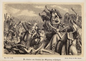 Kvinder fra Kimbrerne og Teutonerne forsvarer deres bagagetog mod romerne (kobberstik) af Heinrich Leutemann