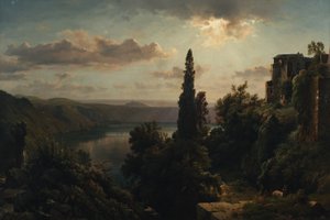 Udsigt over Lake Nemi i Alban Hills nær Rom af Heinrich Louis Theodor Gurlitt