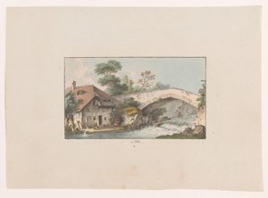 Udsigt over et hus ved en bro i Orbe à Orbe (titel på objekt) Udsigt over Schweiz (serietitel) Collection de quelques vues dessinées en Suisse d