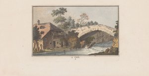 Hus ved siden af ​​en bro over en flod i Orbe à Orbe (titel på objekt) Landskaber i Schweiz (serietitel) Sammlung einiger Aussichten in der Schweiz (serietitel)