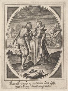 En mand træder hen til en kvinde, der holder en bæger for munden, en vandmølle og bjerg..., ca. 1585-1621.