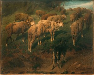 Får med sort hund af Heinrich von Zügel
