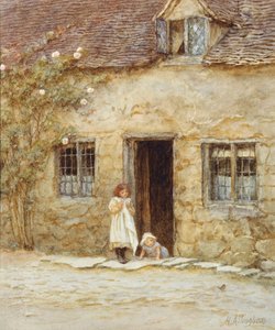 Ved hyttedøren (akvarel med udskrabning) af Helen Allingham