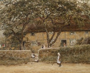 Børn uden for et sommerhus (akvarel med ridser ud på papir) af Helen Allingham
