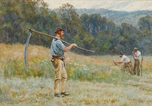 Cutting Hay in the Surrey Hills (wc på papir) af Helen Allingham