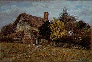 Laburnum Cottage: en kvinde, der fodrer ænder (akvarel) af Helen Allingham