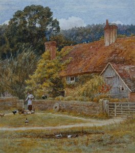 Netley Farm, Shere, Surrey (akvarel med ridser ud) af Helen Allingham