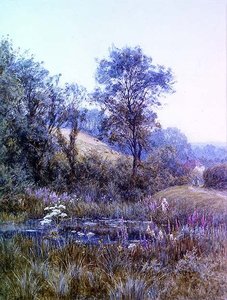 Plukker blomster ved dammen af Helen Allingham