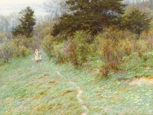 Primroses on a Surrey Heath (wc på papir) af Helen Allingham