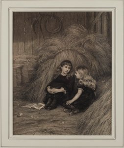 To piger i en lade (blæk på papir) af Helen Allingham