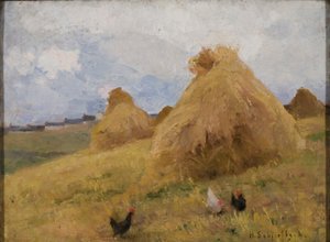 Kyllinger blandt majsstokke, ca. 1888 (olie på lærred) af Helene Schjerfbeck