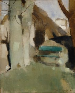 Shadow on the Wall II Green Bench, 1928. af Helene Schjerfbeck