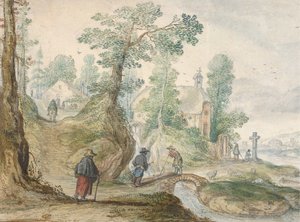 Et skovklædt flodlandskab med en kirke og figurer, ca. 1613. af Hendrick Avercamp