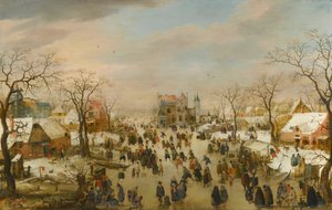 Et panoramisk vinterlandskab med et væld af figurer på en frossen flod af Hendrick Avercamp