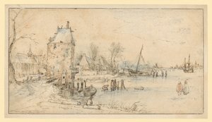 Landsby med vagttårn og kirke ved søbredden af Hendrick Avercamp