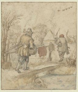 Andejægernes tilbagevenden / verso: Skitser af skibe og af en mand i vintertøj af Hendrick Avercamp
