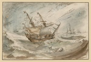 Stormfuldt hav med stort sejlskib af Hendrick Avercamp