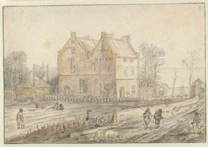Udsigt over et landsted med såmænd på marken af Hendrick Avercamp