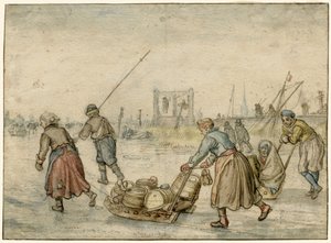 Vinterlandskab med to kvinder og en slæde og andre skikkelser på isen, en galge i det fjerne af Hendrick Avercamp