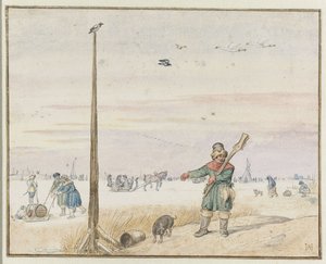 Vinterlandskab med en andejæger med vildt i bæltet og pistolen over skulderen på bredden af en frossen flod af Hendrick Avercamp