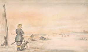 Vinterlandskab med en jæger og hans hund, n.d.. af Hendrick Avercamp