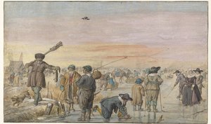 Vinterscene på isen, med en jæger, der viser en odder af Hendrick Avercamp