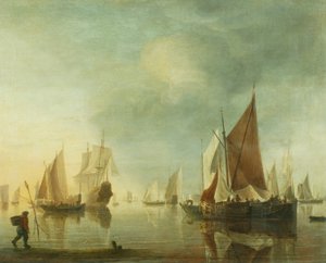 Forsendelse for anker offshore i et roligt hav; aftenlys, ca. 1650-60 (olie på panel) af Hendrick Dubbels